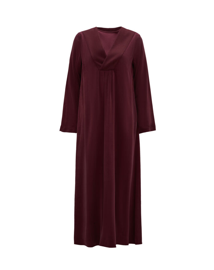 T26K-4021 Kalın V Yaka Düz Renk Elbise PLUM - 1