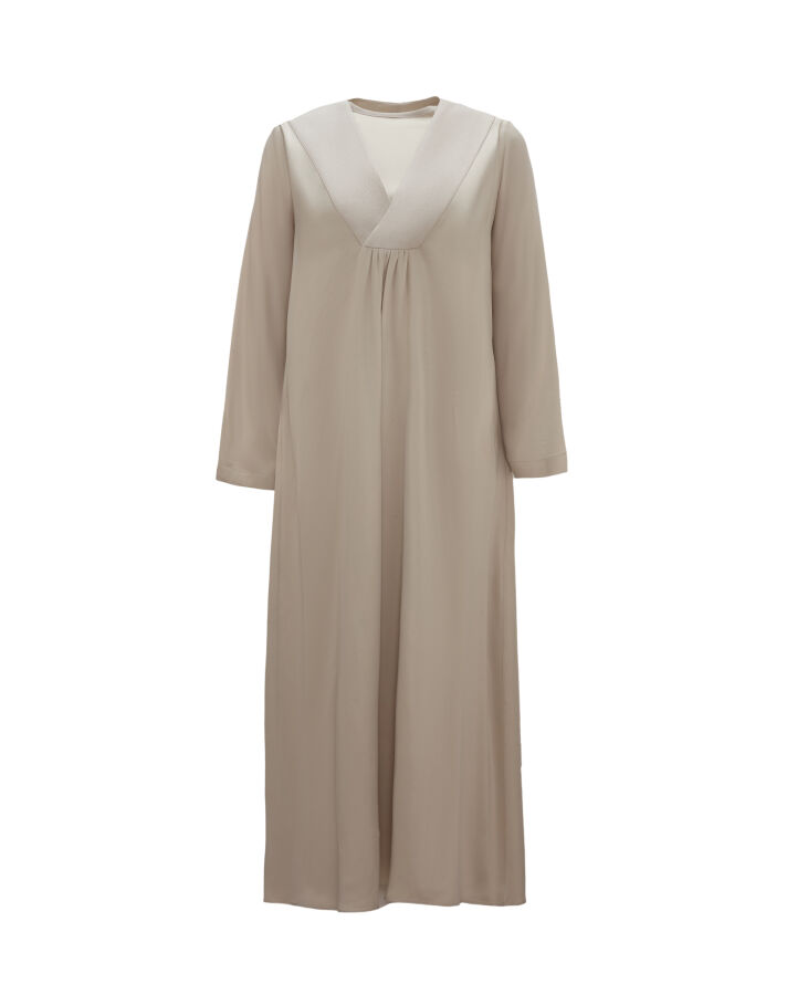 T26K-4021 Kalın V Yaka Düz Renk Elbise STONE - 1