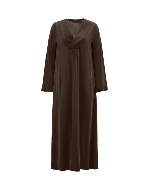 T26K-4021 Kalın V Yaka Düz Renk Elbise TAUPE - MISS DALIDA