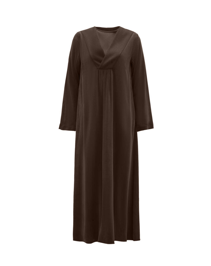 T26K-4021 Kalın V Yaka Düz Renk Elbise TAUPE - 1