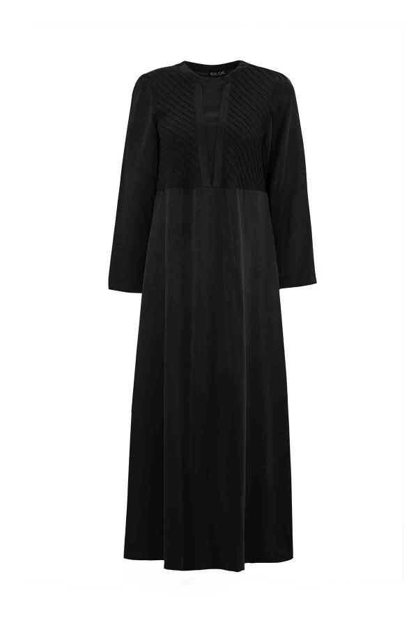 T26K-4026 Önü Nervürlü Şık Elbise BLACK - 1