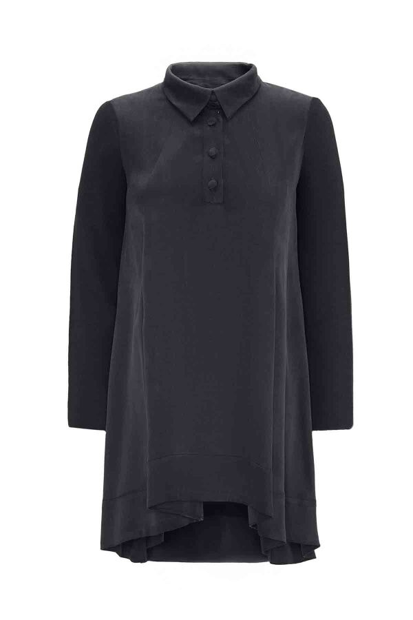 T26K-6007 Gömlek Yaka Triko-Cupro Tunik DARK GREY - 1