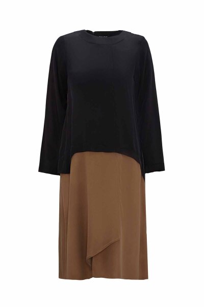 T26K-6011 Asimetrik Kesim İki Renk Uzun Tunik BLACK-GOLD - MISS DALIDA
