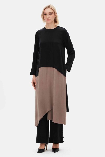 T26K-6011 Asimetrik Kesim İki Renk Uzun Tunik BLACK - 1