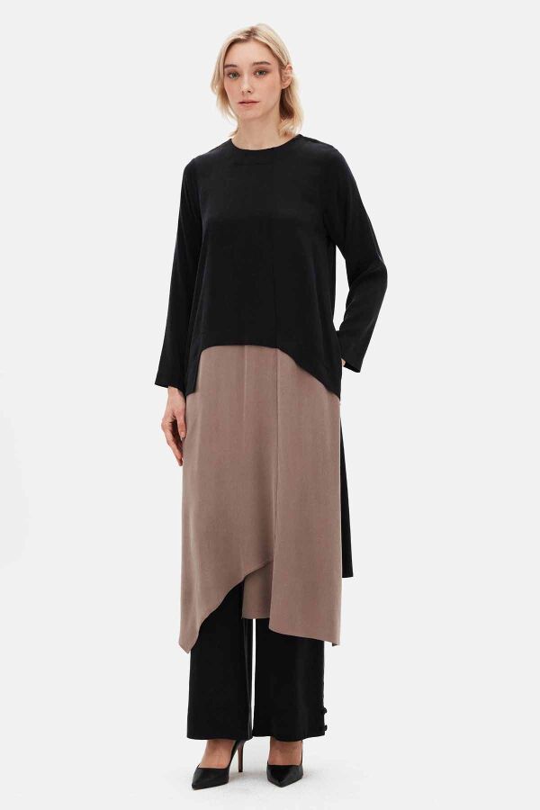 T26K-6011 Asimetrik Kesim İki Renk Uzun Tunik BLACK - 1