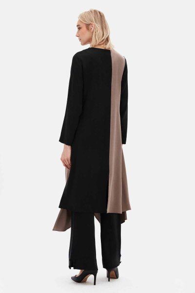 T26K-6011 Asimetrik Kesim İki Renk Uzun Tunik BLACK - 2