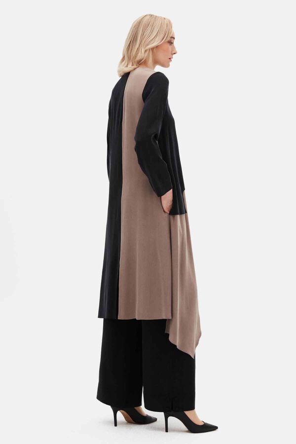 T26K-6011 Asimetrik Kesim İki Renk Uzun Tunik BLACK - 3