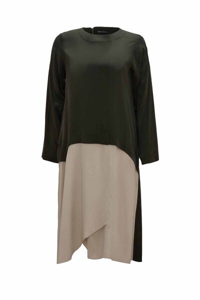 T26K-6011 Asimetrik Kesim İki Renk Uzun Tunik KHAKİ - MISS DALIDA