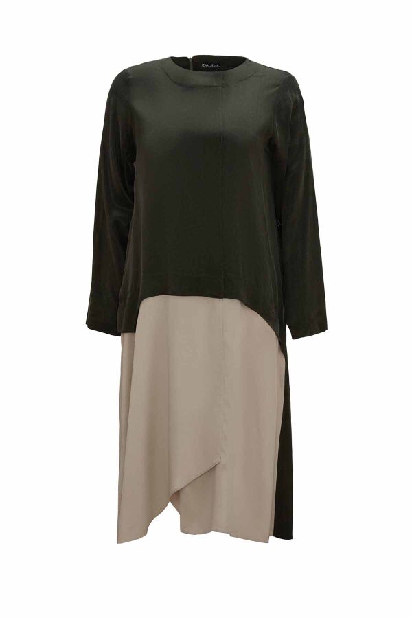 T26K-6011 Asimetrik Kesim İki Renk Uzun Tunik KHAKİ - 1