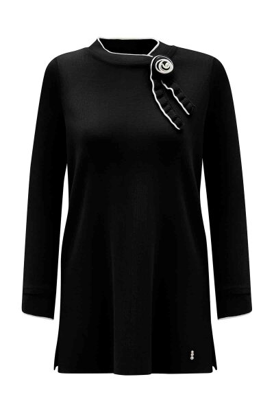 T26K-6013 Yaka ve Bilek Detaylı Triko Tunik BLACK - 1