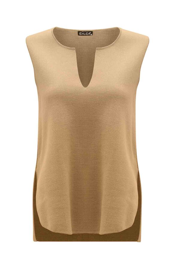 T26K-6014 Yaka Detaylı Kolsuz Triko Tunik DORY-CAMEL - 1