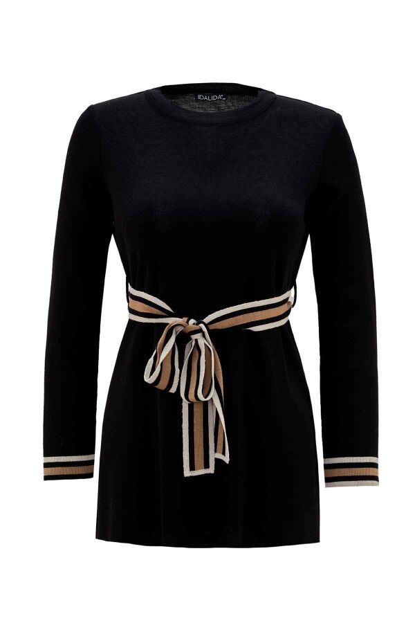 T26K-6015 Beli Kuşak Detaylı Triko Tunik BLACK - 1