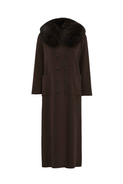 Long Double Breasted Knitwear Jacket with Fur Collar 