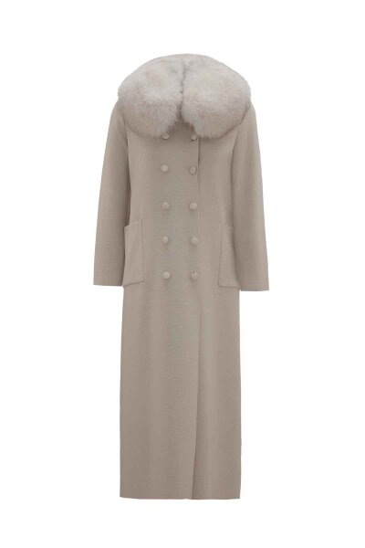 T26K-8001 Yakası Kürklü Uzun Kruvaze Triko Ceket ELSA-STONE - 1