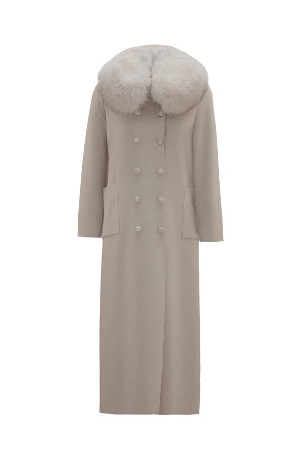 T26K-8001 Yakası Kürklü Uzun Kruvaze Triko Ceket ELSA-STONE - 1