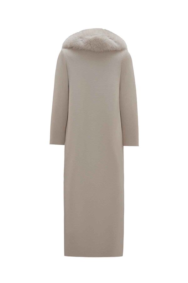 T26K-8001 Yakası Kürklü Uzun Kruvaze Triko Ceket ELSA-STONE - 2