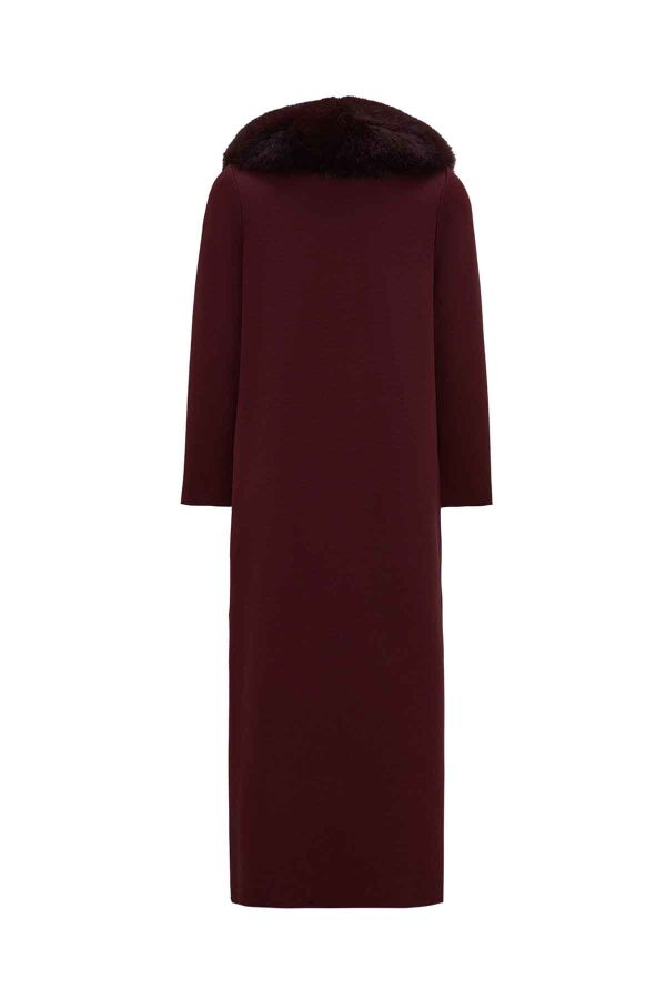 T26K-8001 Yakası Kürklü Uzun Kruvaze Triko Ceket TOGA-BORDO - 2