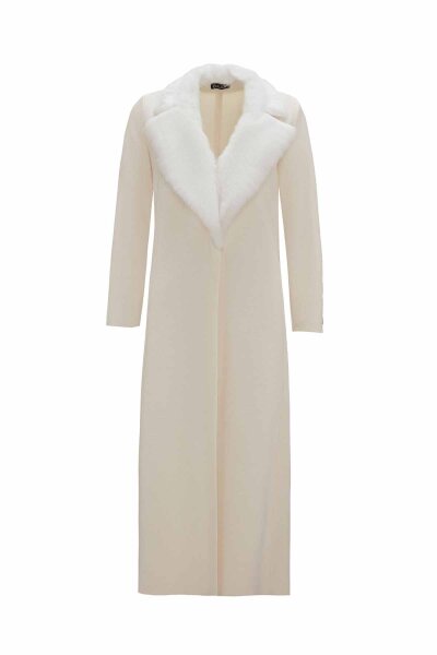 T26K-8003 Yakası Kürklü Ekru Ceket 