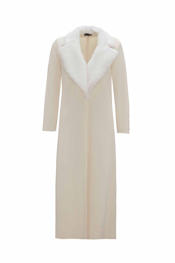 T26K-8003 Yakası Kürklü Ekru Ceket - 1