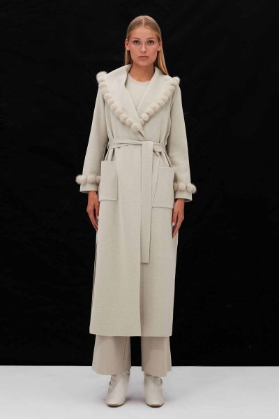 Long Cardigan with Pompom Fur Detail 