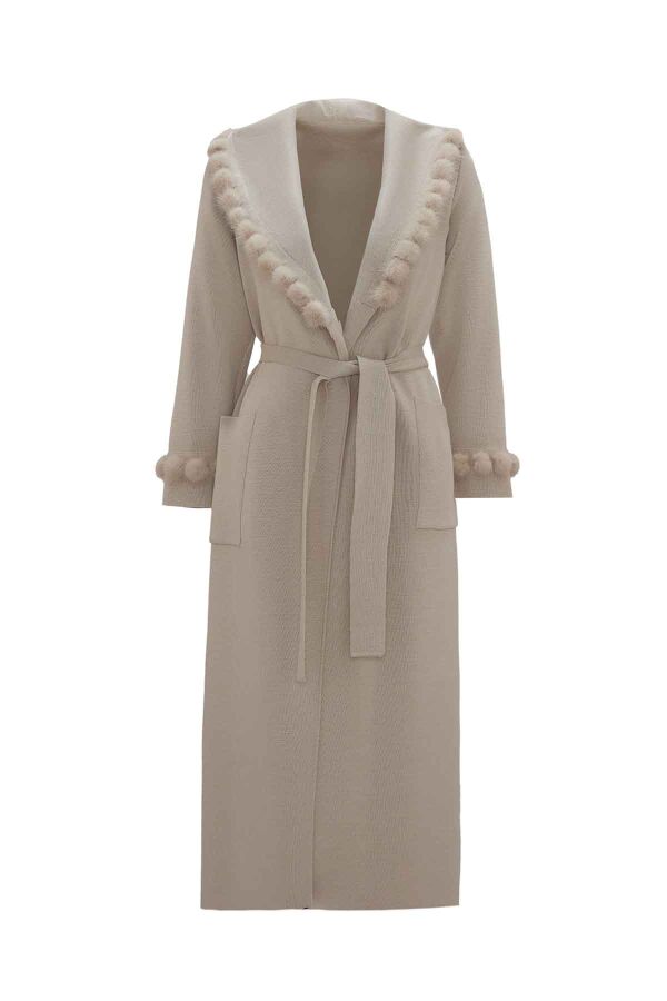 T26K-8004 Ponpon Kürk Detaylı Uzun Hırka ELSA-STONE - 3