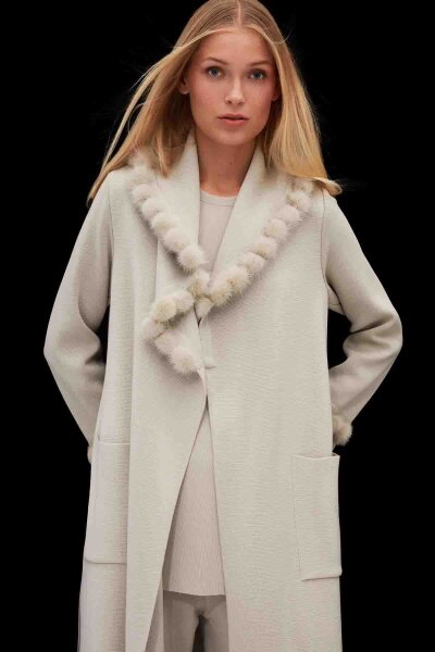 T26K-8004 Ponpon Kürk Detaylı Uzun Hırka ELSA-STONE - 2