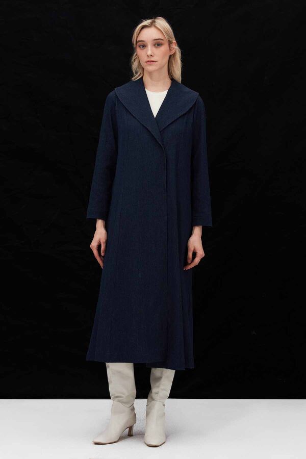 T26K-8013 Yaka Detaylı Uzun Denim Kap OASI-DARK NAVY - 1