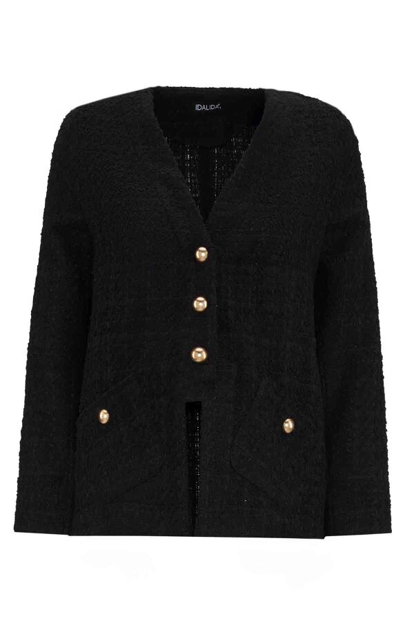 T26K-8208 V Yaka Tüvit Ceket BLACK - 1