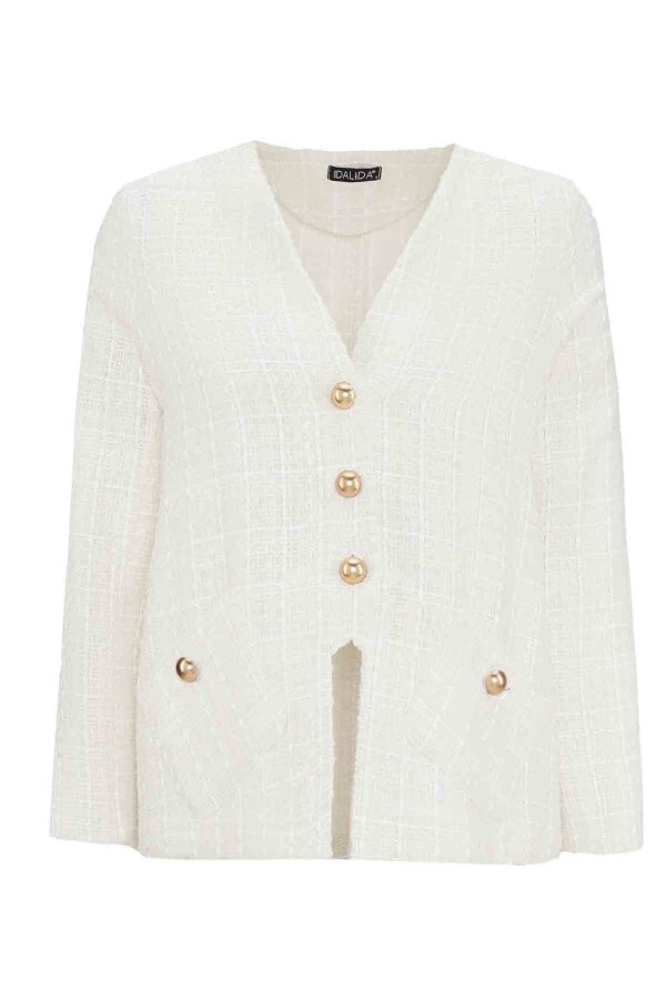 T26K-8208 V Yaka Tüvit Ceket EKRU - 1