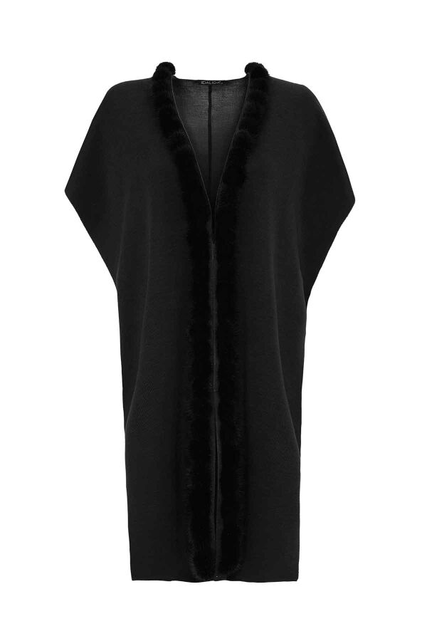 Sleeveless Knitted Cape with Fur Pompom Front - 1