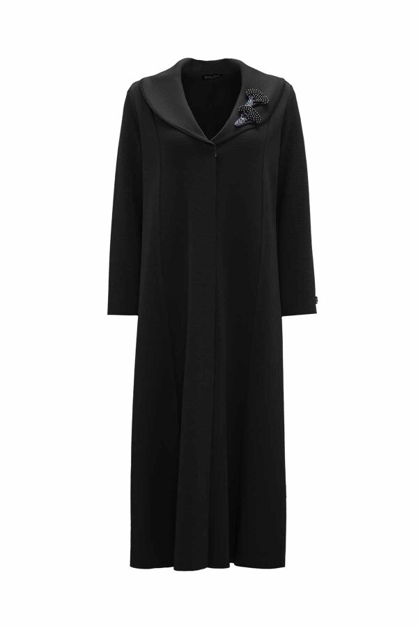 T26K-9004 Yakası Broş Detaylı Uzun Triko Kap BLACK - 1