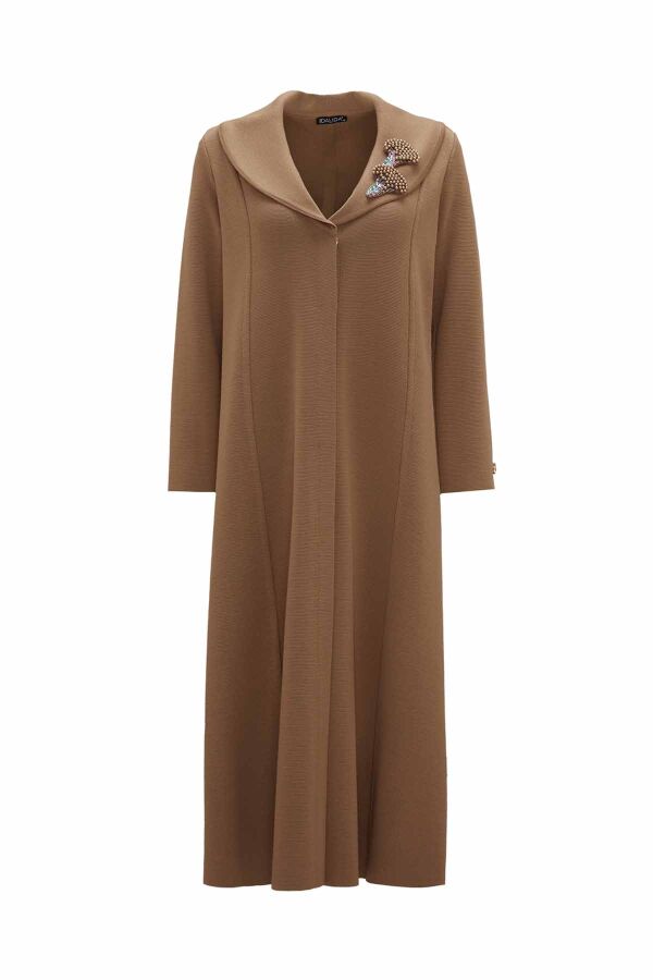 Long Knitted Cape with Brooch Detail on Collar - 1