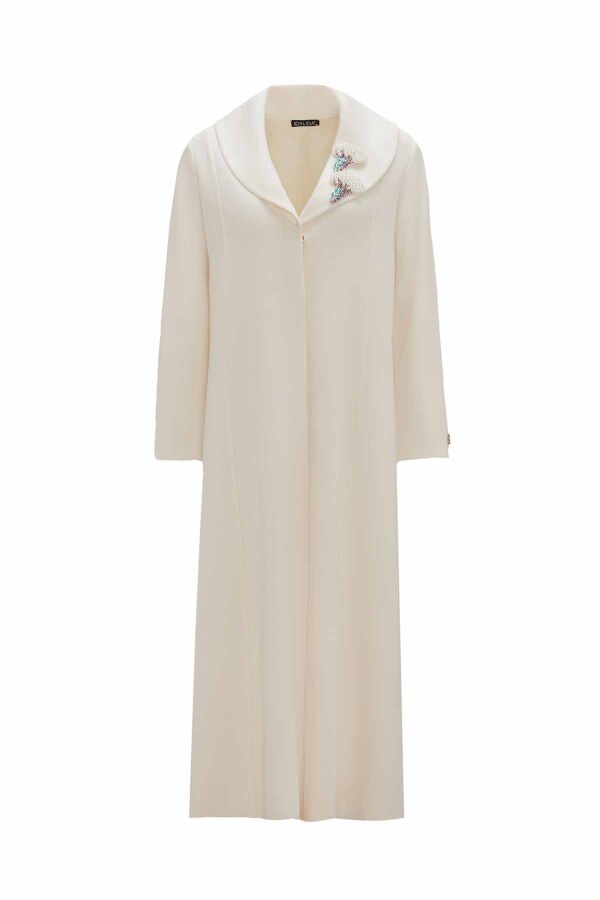 Long Knitted Cape with Brooch Detail on Collar - 1