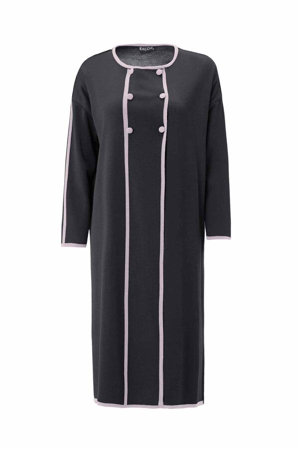 T26K-9005 Renk Şeritli Yakasız Düğmeli Hırka VATE-DARK GREY - 1