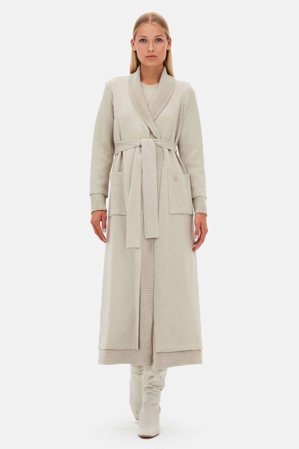 T26K-9006 Selanik Örgü Detaylı Düz Renk Hırka ELSA-STONE - 1