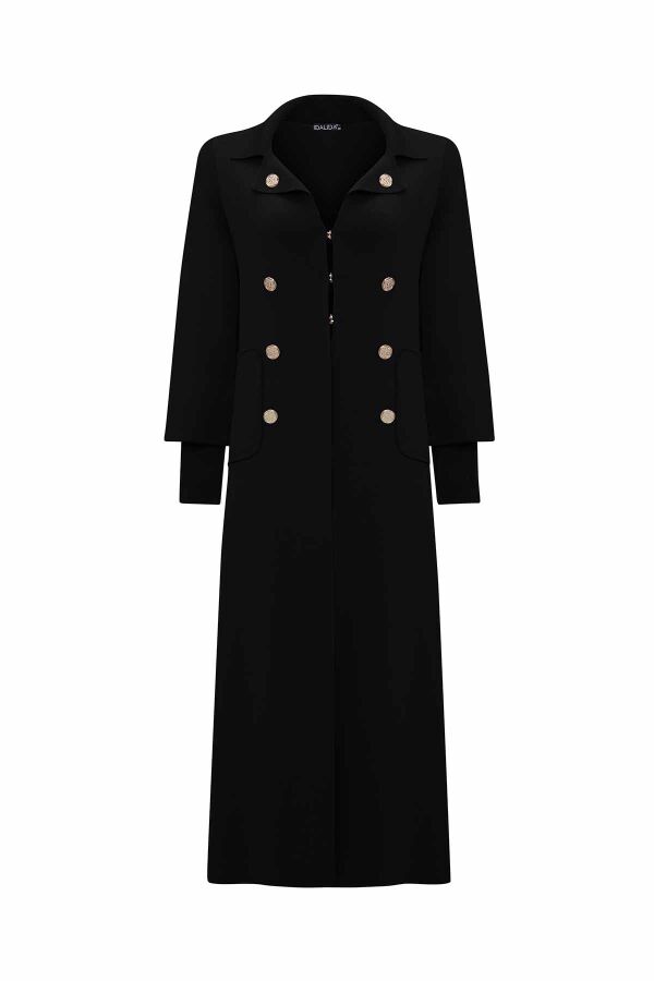 T26K-9007 Düğme Detaylı Düz Renk Uzun Hırka BLACK - 1