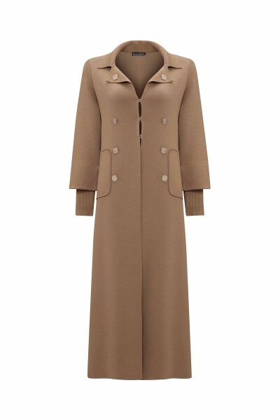 T26K-9007 Düğme Detaylı Düz Renk Uzun Hırka DORY-CAMEL 