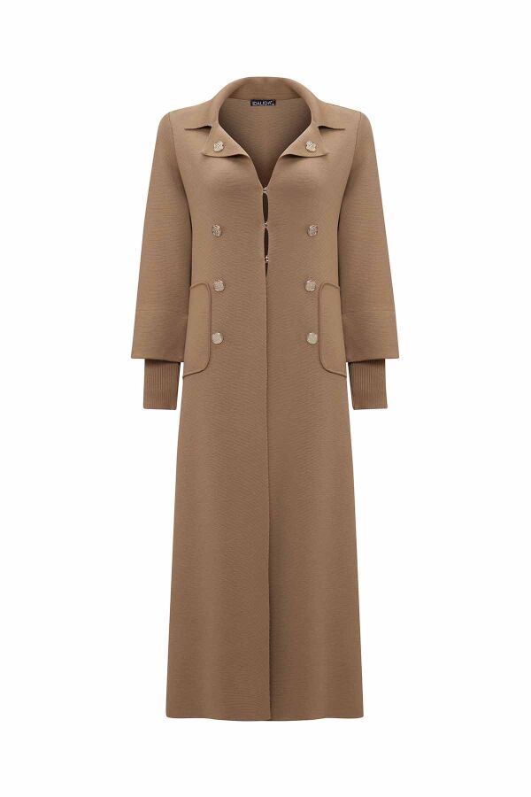 T26K-9007 Düğme Detaylı Düz Renk Uzun Hırka DORY-CAMEL - 1