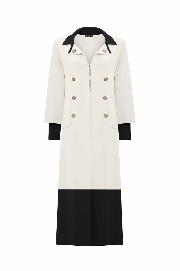 T26K-9008 Renk Bloklu Çift Düğmeli Hırka FEDE-ECRU - 1