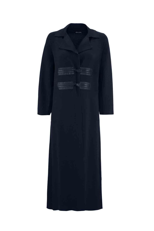 T26K-9009 Deri Bağlama Detaylı Uzun Hırka OASI-DARK NAVY - 1