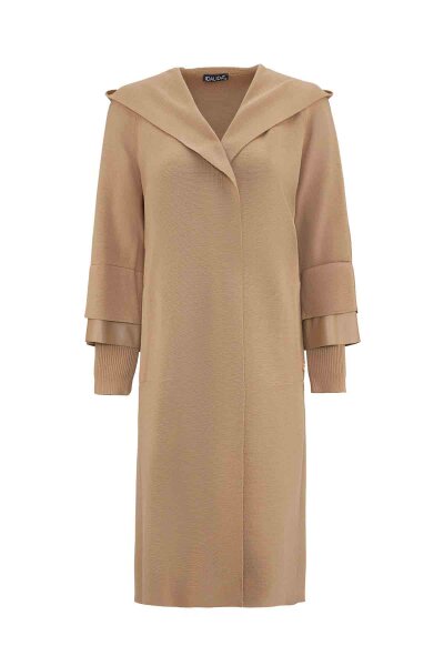 T26K-9012 Bileği Deri Detaylı Çelik Örgü Hırka DORY-CAMEL - 1