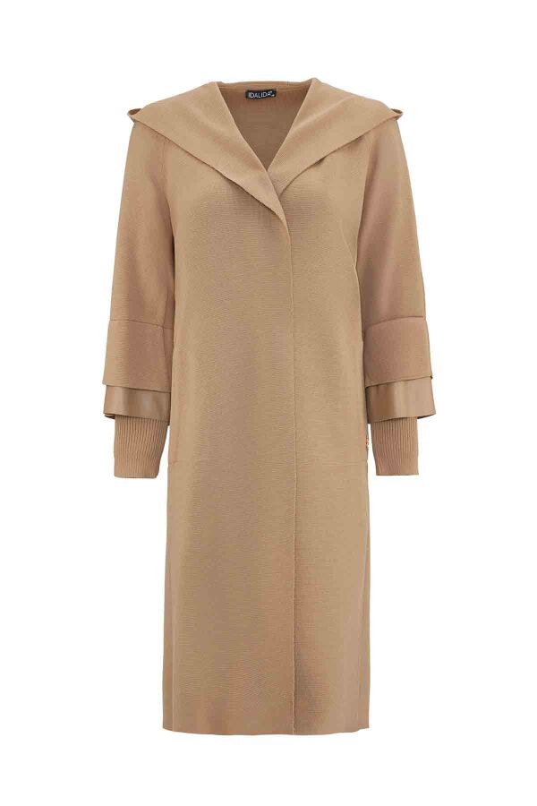 T26K-9012 Bileği Deri Detaylı Çelik Örgü Hırka DORY-CAMEL - 1