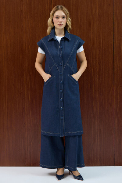 Gömlek Yaka Denim Yelek Navy Blue - MISS DALIDA