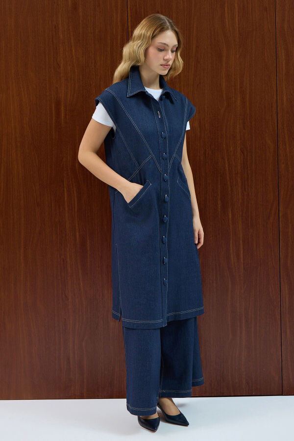 Gömlek Yaka Denim Yelek Navy Blue - 2