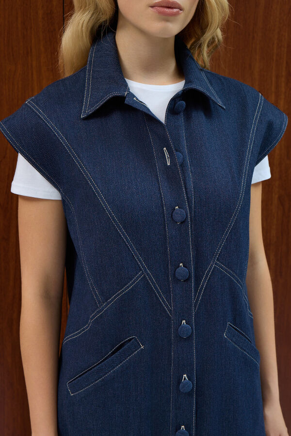 Gömlek Yaka Denim Yelek Navy Blue - 3