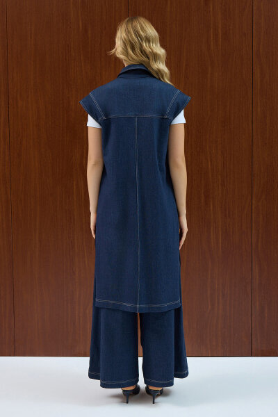 Gömlek Yaka Denim Yelek Navy Blue - 4