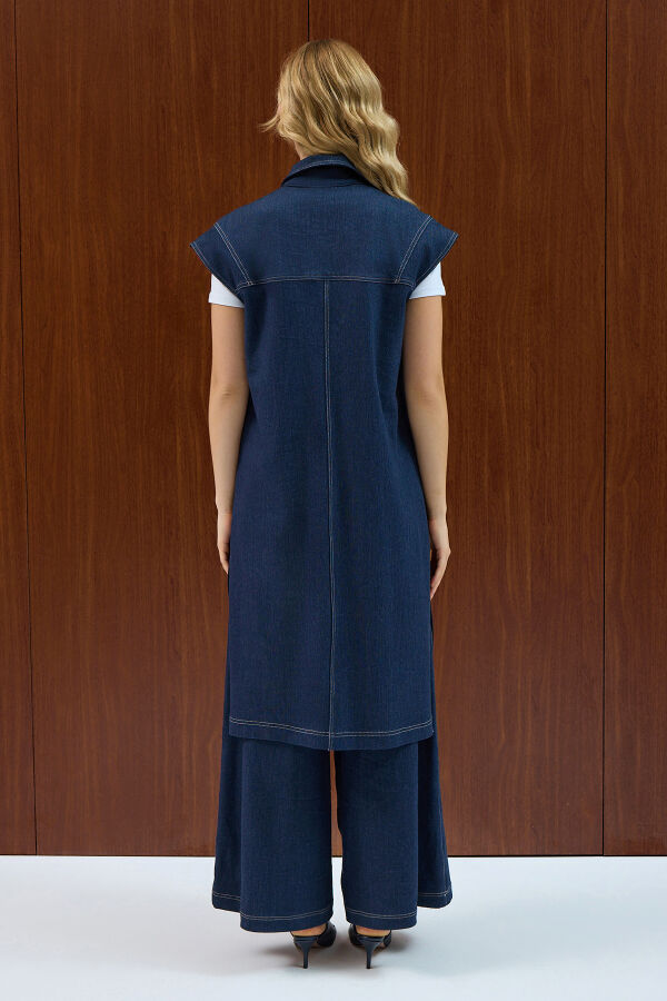 Gömlek Yaka Denim Yelek Navy Blue - 4