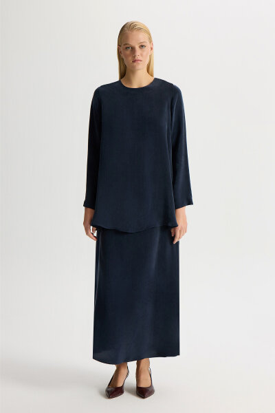 Düz Renk Cupro Etek Dark Navy 