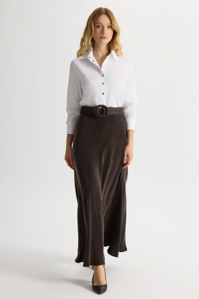 Verev Kesim Cupro Etek Kahverengi - 3