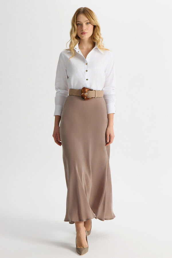 Verev Kesim Cupro Etek Kahverengi Pudra - 3